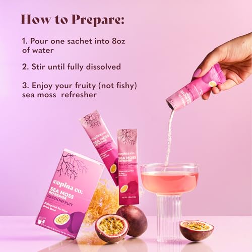 Organic Irish Sea Moss Powder - 200mg Packets - Passion Fruit Flavored Seamoss Drink with Electrolyte-Rich Coconut Water for Natural Hydration, Muscle Recovery - 8 Stick Packs