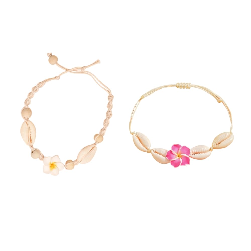 DATOA 2 pulseras tobilleras hawaianas de concha de plumeria para mujer, ajustables, bohemia, flores tropicales, pulseras trenzadas para playa, fiesta, joyería para pies