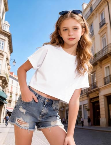 Image of Girls Crop Tops Short Sleeve T-Shirts for Girl Crew-Neck Basic Tee Size 7-14 Years