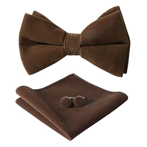 HOULIFE Fliege Herren Set - Verstellbare Samtfliege, einfarbiges Einstecktuch, Manschettenknöpfe Set für Bräutigam, Hochzeitformal mit Geschenkbox, Braun