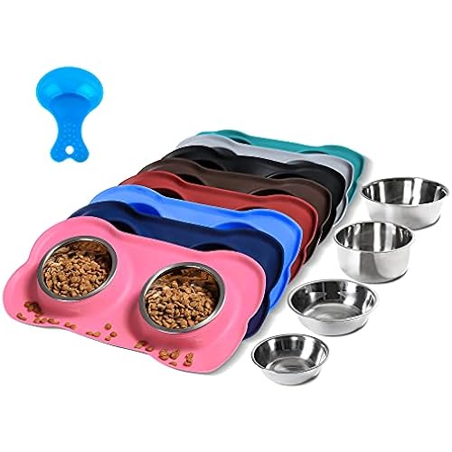 Hubulk Pet Dog Bowls 2 Stainless Steel Dog Bowl with No Spill Non-Skid Silicone Mat + Pet Food Scoop Water and Food Feeder Bowls for Feeding Small Medium Large Dogs Cats Puppies (S, Pink)