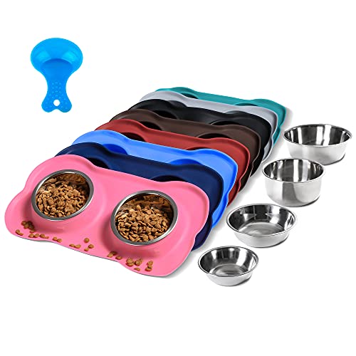 Hubulk Pet Dog Bowls 2 Stainless Steel Dog Bowl with No Spill Non-Skid Silicone Mat + Pet Food Scoop Water and Food Feeder Bowls for Feeding Small Medium Large Dogs Cats Puppies (S, Pink)