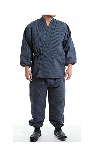 [江戸てん] 綿入れ作務衣 遠赤外線綿 蓄熱保温 ストライプ生地 日本製 紺 M