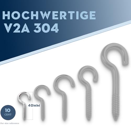 MeHurr Schraubhaken Klein Edelstahl 10 Stück, Haken zum Schrauben 3x40mm, Deckenhaken A2 V2A, Hakenschrauben mit Gewinde, Einschraubhaken für außen, Gewindehaken M3, Becherhaken Rostfrei