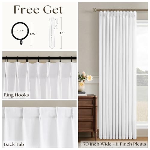 Image of 70 Inch Wide Linen Curtains 90 Inches Long for Living Room White 1 Panel | Light Filtering, Semi Sheer, Farmhouse, Pleated , Back Tab, for Patio Sliding Door, Dining, Large Window, 1 Panel 70x90