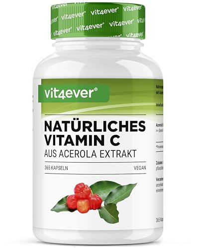 Vitamine C naturelle à l'extrait d'acérola - 365 gélules - Hautement dosé - Matière première de première qualité - Sans additif indésirable - Vegan