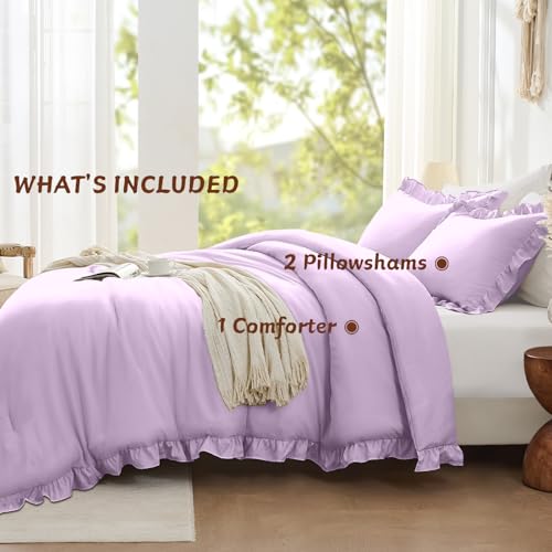 Image of FUANNA Full Size Comforter Sets Lavender, 3 Pieces Ruffle Full Size Bedding Sets, Fluffy Bed in a Bag Full for All Seasons, Shabby Chic Full Bed Set with 1 Lightweight Comforter & 2 Pillowshams