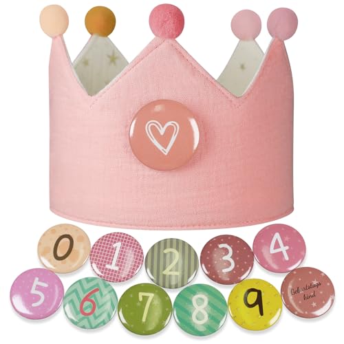 Ochomasun Geburtstagskrone Musselin -Umkehrbar Geburtstagskrone Junge & Mädchen, Klettbuttons mit Zahlen von 0-9, Geschenk für Krone Kindergeburtstag
