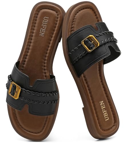 Image of UBFEN Womens Square Toe Flat Sandals Slides Dressy Comfortable for Beach