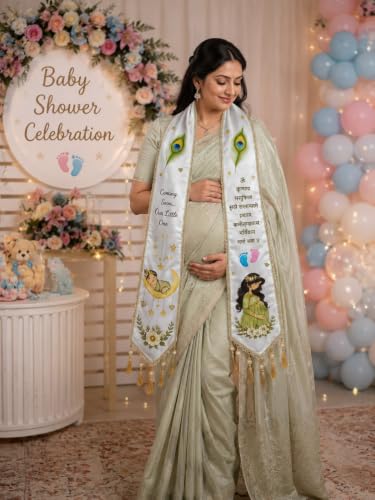 Image of Mom to Be Baby Shower Dupatta for Godh Bharai and baby shower Stoles with Bal Krishna Print, Ceremonial Festive Seemantham Functions FREE Shreenathji Brooch Pin for Dad to Be