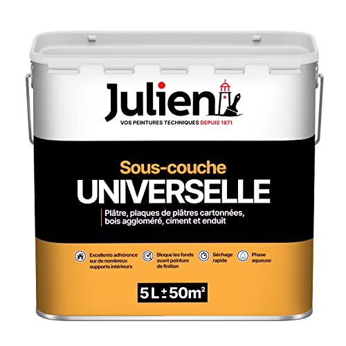 Julien Peinture Sous-Couche - Universelle - Murs et Plafonds, Plaques de Plâtre, Ciment, Béton, Enduits Lissés, Bois et Dérivés - Blanc Mat 5L