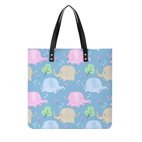 Sac shopping éléphants bleus et roses pour femmes | Grand tote bag de voyage 39x39cm