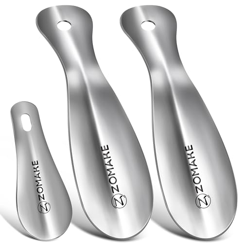 ZOMAKE Calzador de Zapatos 3Piezas   Metalico Calzadores para Personas Mayores con Colgante Agujero,19&10cm Acero Inoxidable Shoe Horn Fácil de Utilizar(Plateado)