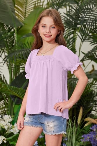 Image of BesserBay Girls Summer Puff Short Sleeve Square Neck Tee Shirts Ruffle Smocked Blouses Cute Swiss Dot Tops 5-14 Years