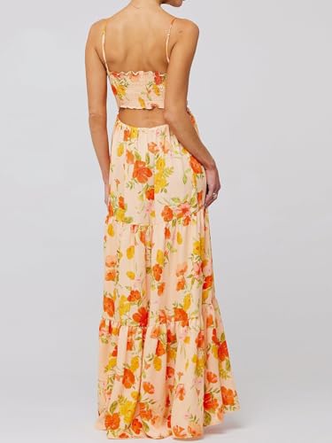 Image of Womens Summer Floral Spaghetti Strap Backless Low Cut Smocked Milkmaid Flowy Beach Sundresses