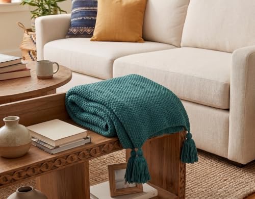 Image of Furnistitchs Plain Solid Knitted Sofa Throw Blanket 50x60 inches / 125x150 cms| Cotton Plain Knit with Tassels | Aesthetic Bohemian Decorative Couch Throws for Living Room & Bedroom (Turquoise)