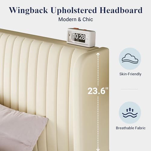 Image of Allewie King Size Velvet Bed Frame /Vertical Channel Tufted Wingback Headboard /Upholstered Platform Bed /No Box Spring Needed /Strong Wooden Slats /Easy Assembly /Cream White