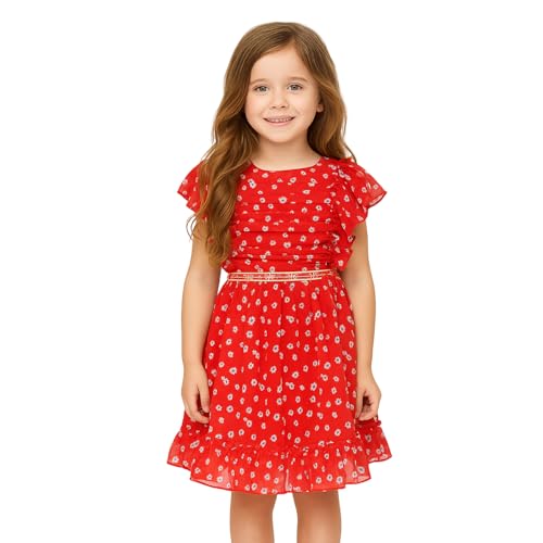 Image of Cutecumber Girls Georgette Floral Printed Fit & Flared Red Frock Dress For Baby Girls & Kidsware, Stylish Gift Dress for Special Occassion, Birthday & Party Outfit Age 1-15 Years