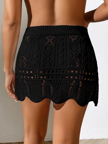 Verdusa Women's Hollow Out Knit Scalloped Elastic Waist Swimsuit Beach Cover Up Mini Skirt2