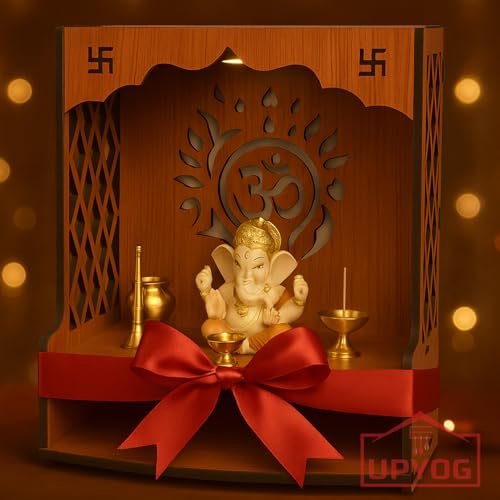 Image of UPYOG Wooden Pooja Stand for Home | Wall Mounted Temple Mandir with LED Spot Light | Compact Puja Mandir for Home & Office (15.5 x 11.5 x 11 Inch)