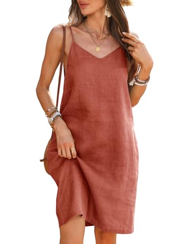 Image of Women's 100% Linen Dress Spaghetti Strap Adjustable Strap V Neck Sleeveless Sundress Summer 2026 Beach Vacation