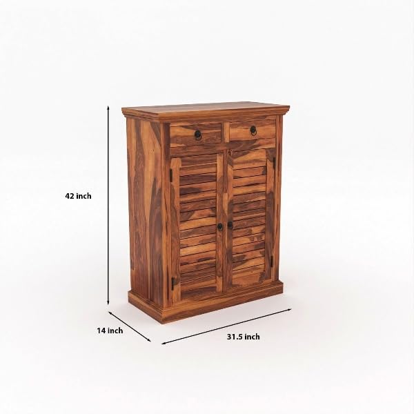 Image of VK Furniture Solid Sheesham Wood Shoe Rack with Drawers & Cabinet | Wooden Shoe Organizer for Hallway, Living Room & Entryway Handmade Shoe Storage (Honey Finish)