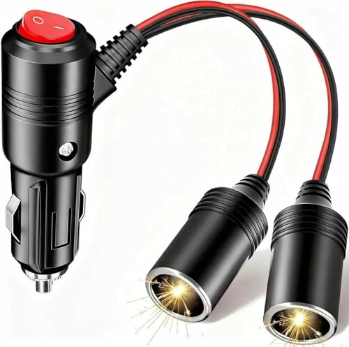 Image of 1 to 2 DC 12V /24V Cigarette Lighter Splitter, Car Power Adapter with Dual Sockets, ON Off Switch, 15cm Extension Cable, UL 15A Fuse