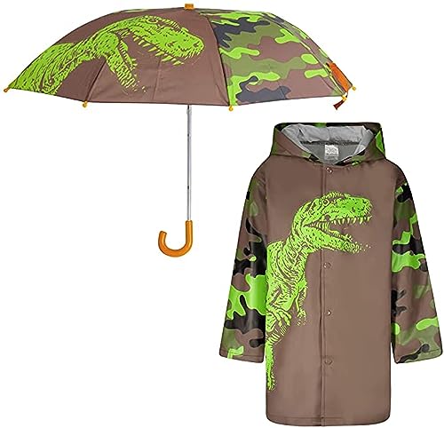 addie & tate Kids Umbrella & Rain Coats for Girls and Boys Set - Toddler Umbrella for Kids and Raincoat for Girls in Fun Jacket Styles for 7-9 (Dino/Camo)