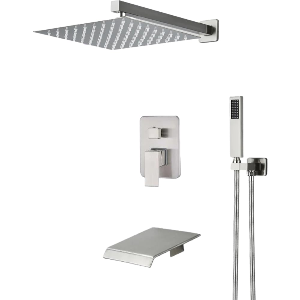 Boîtier mural intégré pour robinet de douche à effet pluie et mitigeur nickel brossé