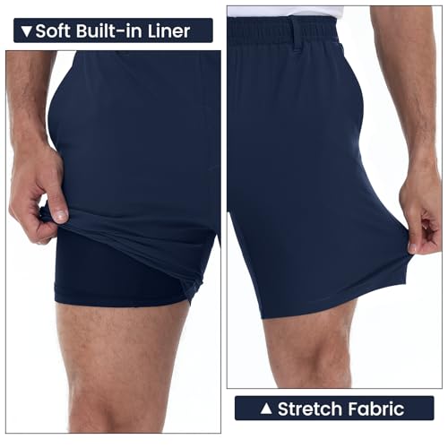 Mens Casual Khaki Golf Shorts 7 Inch Inseam Regular Fit Built-in Liner Stretch Elastic Waistband Zipper Pockets No Pill4