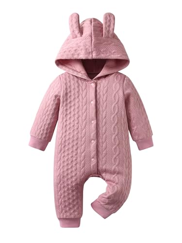 Morerich - Newborn Infant Baby Girl Knitted Hooded Sweater Romper Long Sleeve Bodysuit Jumpsuit Warm Winter Snowsuit Clothes Pink 12-18 Months