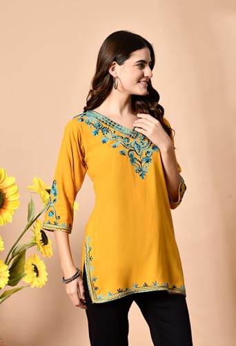Image of LIBOZA Embroidered Kashmiri Tunic Top, Short Kurti for Women on Jeans, V-Neck, 3 /4 Sleeve, Floral Design,