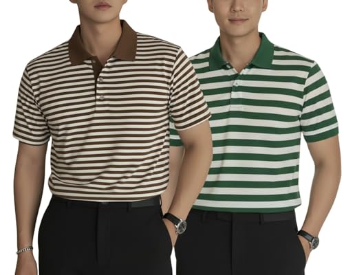 Image of MACK JONNEY Men's Cotton Polo T-Shirt | Regular Fit | Short Sleeve | Striped Casual Wear | Pack of 2 -MJ-1
