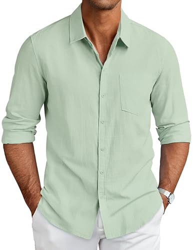 COOFANDY Mens Long Sleeve Button Up Shirts Casual Shirts No Tuck Dress Shirts Casual Linen Shirt Work Beach Shirt Light Green
