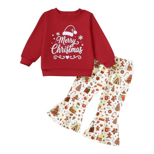 Image of Kislio Toddler Baby Girl Christmas Outfit Long Sleeve Sweatshirt Top Flared Bell Bottom Pants Infant Girls Christmas Clothes Set