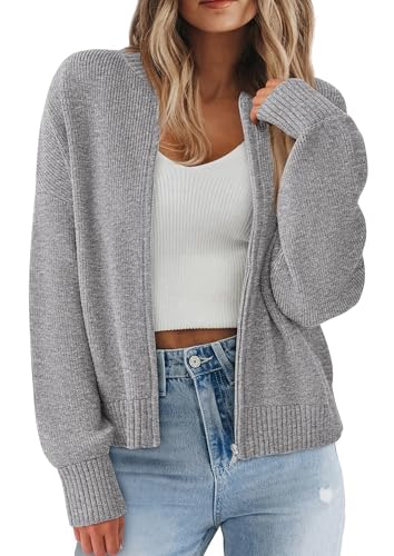 NALANISA Women's Chunky Cardigan Sweaters 2025 Fall Open Front Long Sleeve Ribbed Knit Zipper Short Cardigans Outerwear Coats (Grey,L)