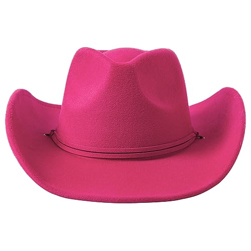Image of Lanzom Women Men Retro Felt Wide Brim Western Cowboy Cowgirl Hat Dress Up Hat with Wind Lanyard