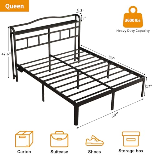 OSASET Queen Bed Frame - Queen Bed Frame with Headboard and USB & Type C Charging Station, Heavy Duty Metal Bed Frame No Box Spring Needed with Ample Storage Space - Easy Assembly and Noise Free