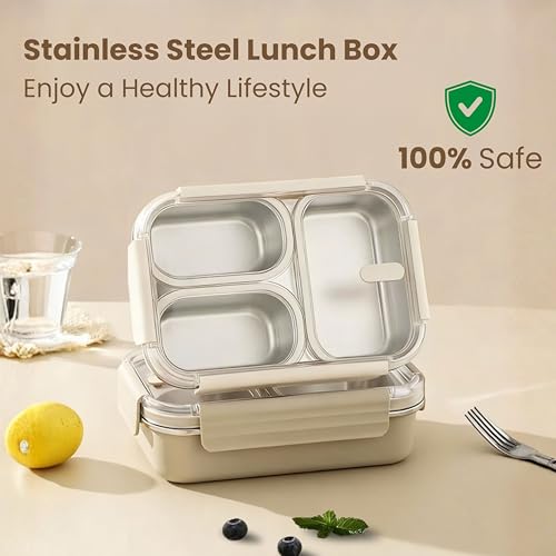 Image of Kreme UrbanMate Bento Lunch Box with Carry Bag 800 ml, 3 Compartment Lunch Box, Stainless Steel, Leak Proof, Spill Proof, Ideal for Adults, Teenagers and Kids, Ivory