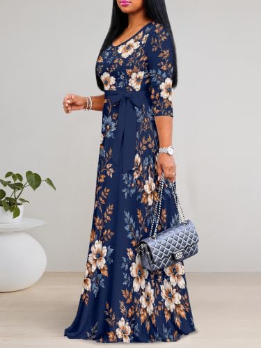 Image of PinkPatty Women's Plus Size Maxi Dresses Casual Flowy 3 /4 Sleeves Dress Printed Vacation Dress for Daily Wear with Belt