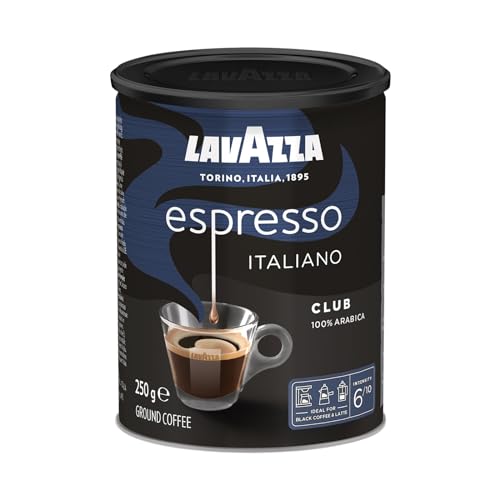 Lavazza, Espresso Club, Café Molido Natural, Ideal para Cafetera Italiana, de Filtro y Francesa, con Notas Aromáticas de Frutos Secos, 100% Arábica, Tueste Medio, 1 Lata de 250 g