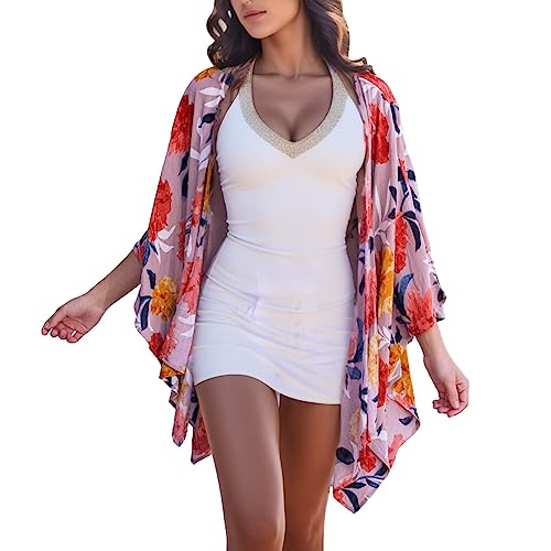 Generisch Bata Niños 3 años Mujeres Verano Largo Flowy Kimono Chaquetas de Punto Boho Gasa Floral Playa Tops Mujer Ropa Verano, Rosa., XXL