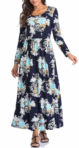 Image of Women's Long Sleeves Maxi Dress Plain Empire Waist Casual Dress Loose Fall /Winter Dresses with Pockets - 2XL