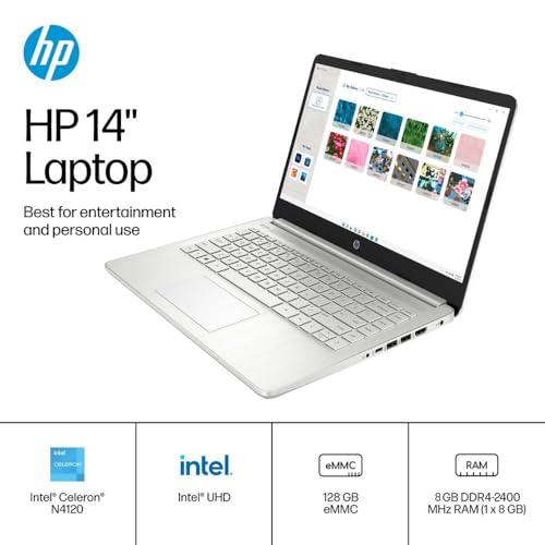 Image of HP 14 Ultralight Laptop for Student and Business, Intel Core N4120 (4-Core), 8GB RAM, 128GB Storage, 1 Year Office 365, Win 11 S, HDMI, WiFi, USB-A&C, MASDROW Accessories