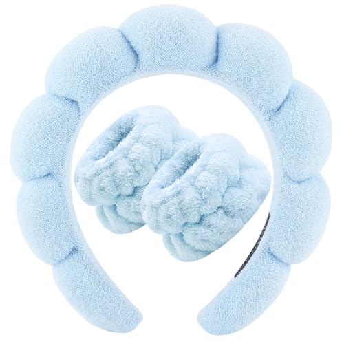 Spa Headband for Washing Face Wristband Set Sponge Makeup Skin Care Terry Cloth Bubble Soft Get Ready Light Blue Hairband Women Girls Puffy Padded Headwear Non Slip Thick Hair Accessory