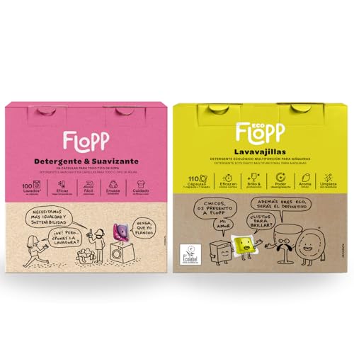 Flopp - Pack Lavavajillas Ecológico EU Ecolabel 110 Cápsulas + Detergente y Suavizante 4 en 1 100 Cápsulas | Limpieza Sostenible para Vajilla y Ropa | Vegano y Biodegradable