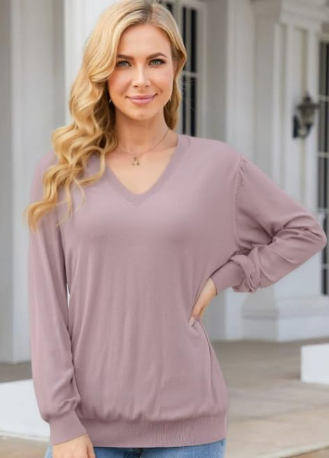 Women's V-Neck Knit Sweater, Long Sleeve, Red, Casual Pullover - Image 3