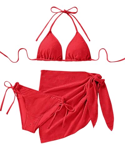Women 3 Piece Swimsuits - Halter Triangle Bikini Sets with Cover Up Sexy String Tie Side Bathing Suits