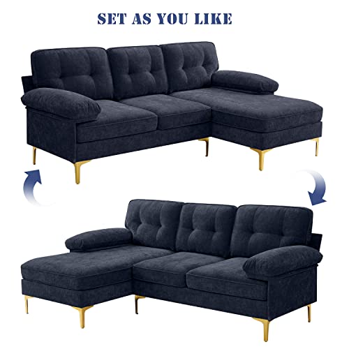 Cooldex 82” L Shape Sofa, Convertible Navy Blue Sectional Sofa, Mcm Sofa,Retro Sofa,Chenille Loveseat Sofa With Chaise， Removable And Washable Cushions (Navy Blue) #TOP2