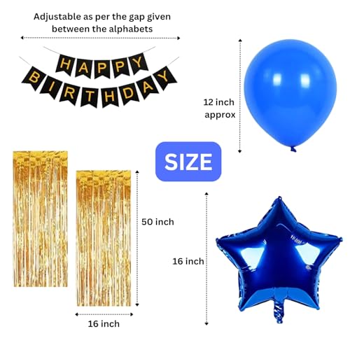 Image of KITTER Blue Birthday Boy Sash Birthday Decoration Set For Boys, With 1 Blue Star Foil Balloon, 2 Golden Foil Curtains, 20 Balloons (Blue & White), 1 Happy Birthday Banner, 1 Balloon Arch, Party Decor